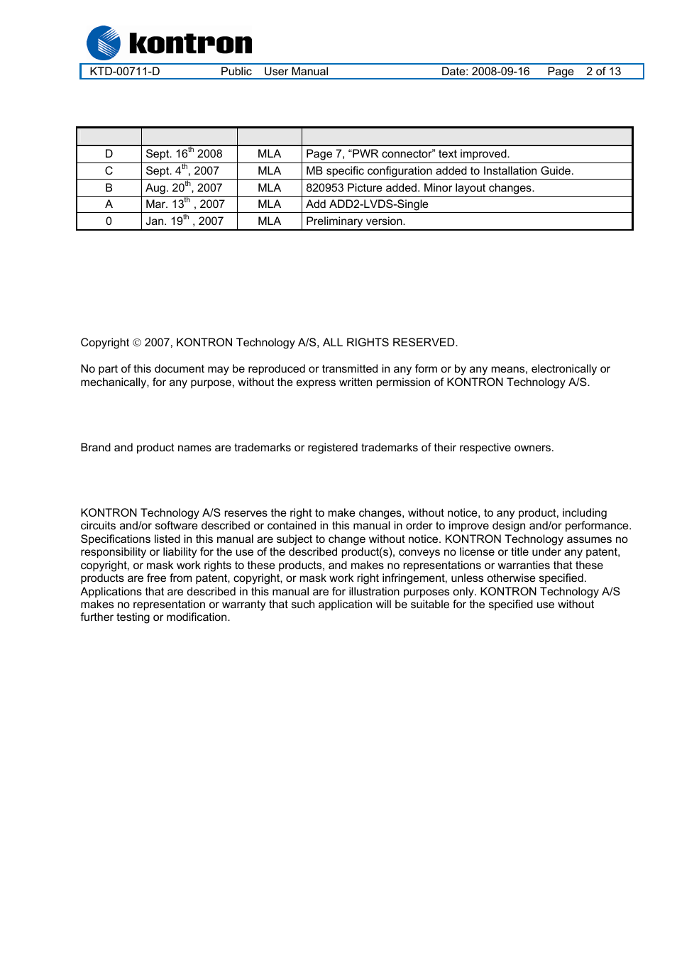 Add2-lvds, Document revision history | Kontron ADD2-LVDS-DUAL-Internal User Manual | Page 2 / 13
