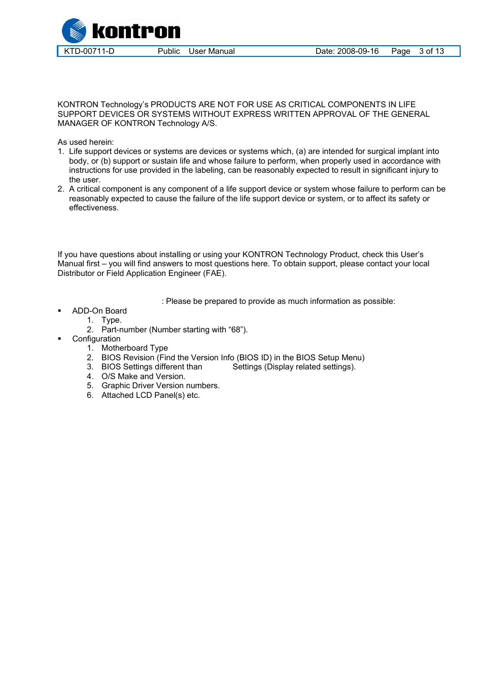 Add2-lvds, Life support policy | Kontron ADD2-LVDS-DUAL-Internal User Manual | Page 3 / 13