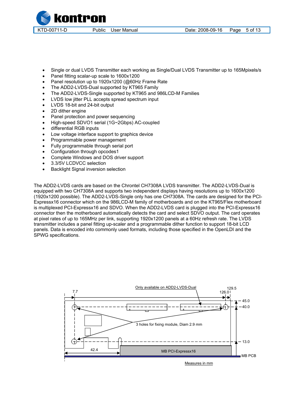 Add2-lvds, Introduction, Mechanical drawing | Kontron ADD2-LVDS-DUAL-Internal User Manual | Page 5 / 13