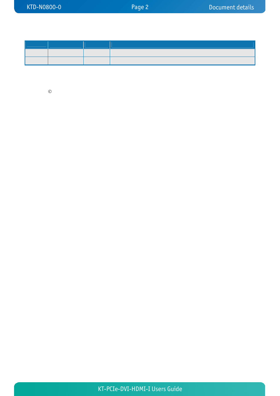 Document revision history, Copyright notice, Trademark acknowledgement | Disclaimer, Kt-pcie-dvi-hdmi-i users guide, Document details | Kontron KT-PCIe-DVI-HDMI-I User Manual | Page 2 / 13