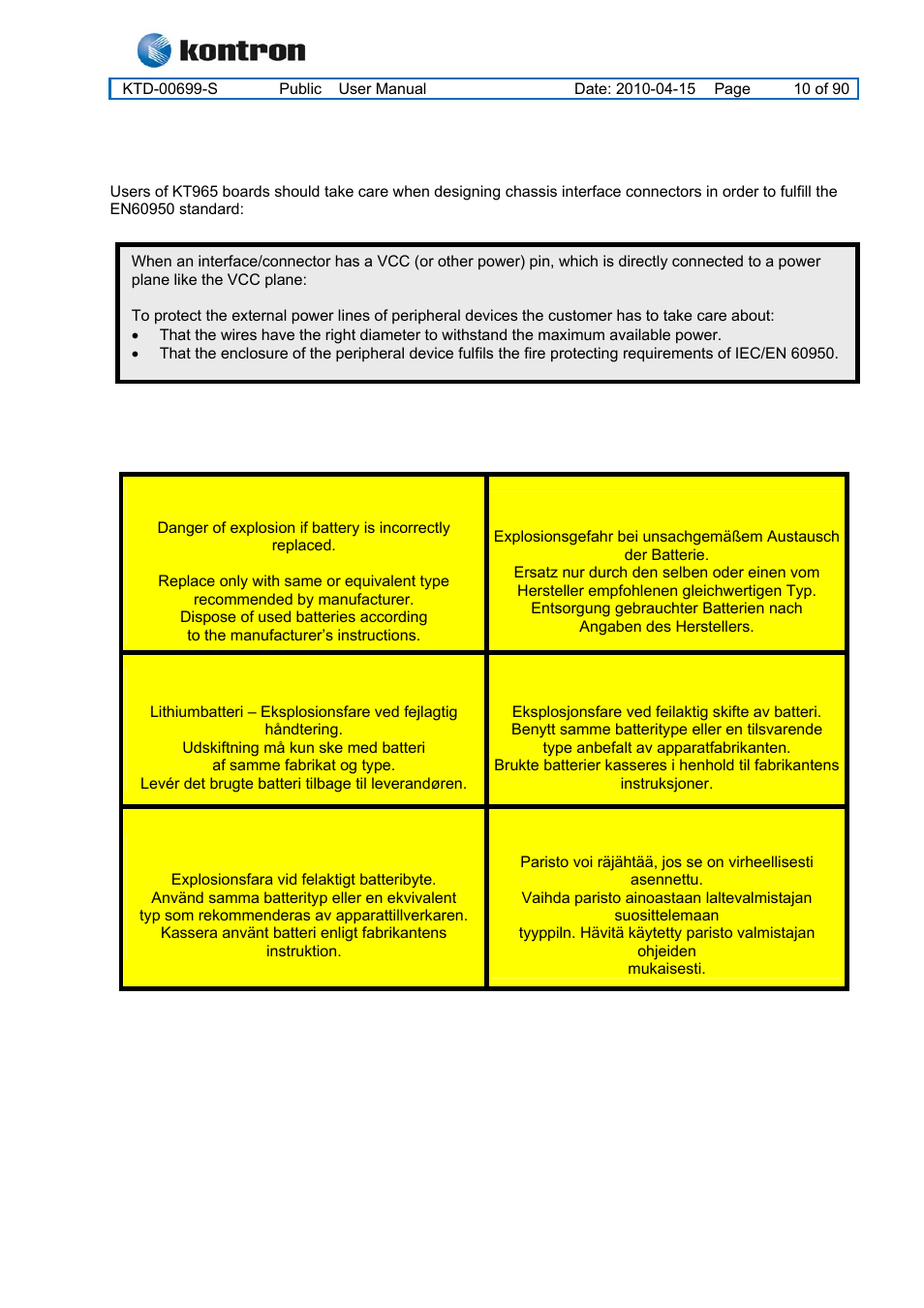2 requirement according to en60950, Kt965 family | Kontron KT965 Series User Manual | Page 10 / 90