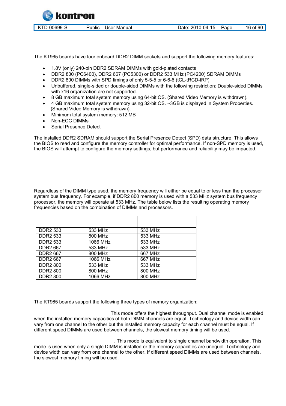 4 system memory support, 1 memory operating frequencies, 2 memory configurations | Kt965 family | Kontron KT965 Series User Manual | Page 16 / 90