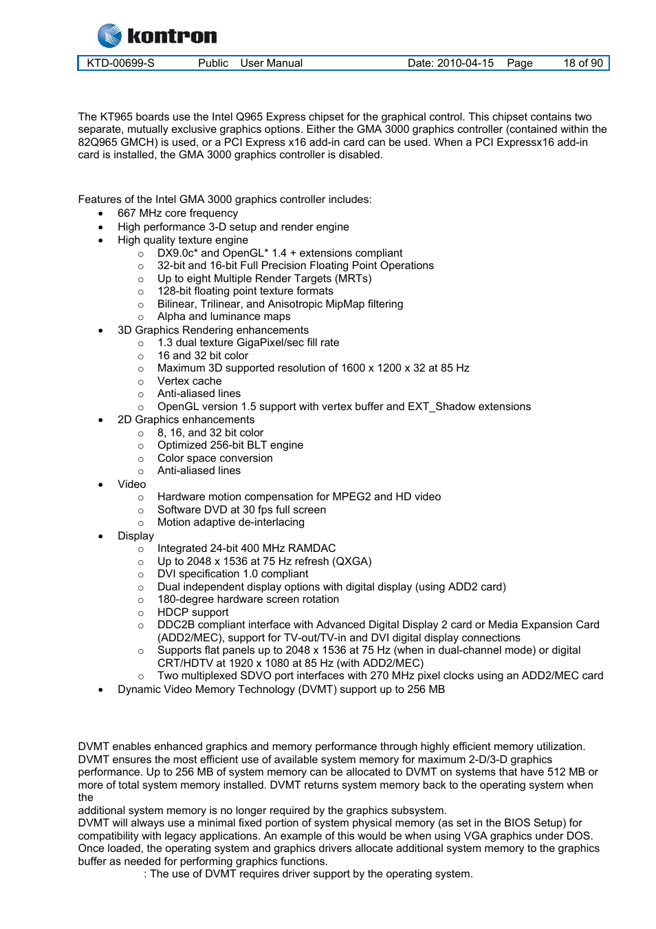 5 kt965 graphics subsystem, 1 intel gma 3000 graphics controller, 2 dynamic video memory technology (dvmt) | Kt965 family, Kt965 graphics subsystem | Kontron KT965 Series User Manual | Page 18 / 90