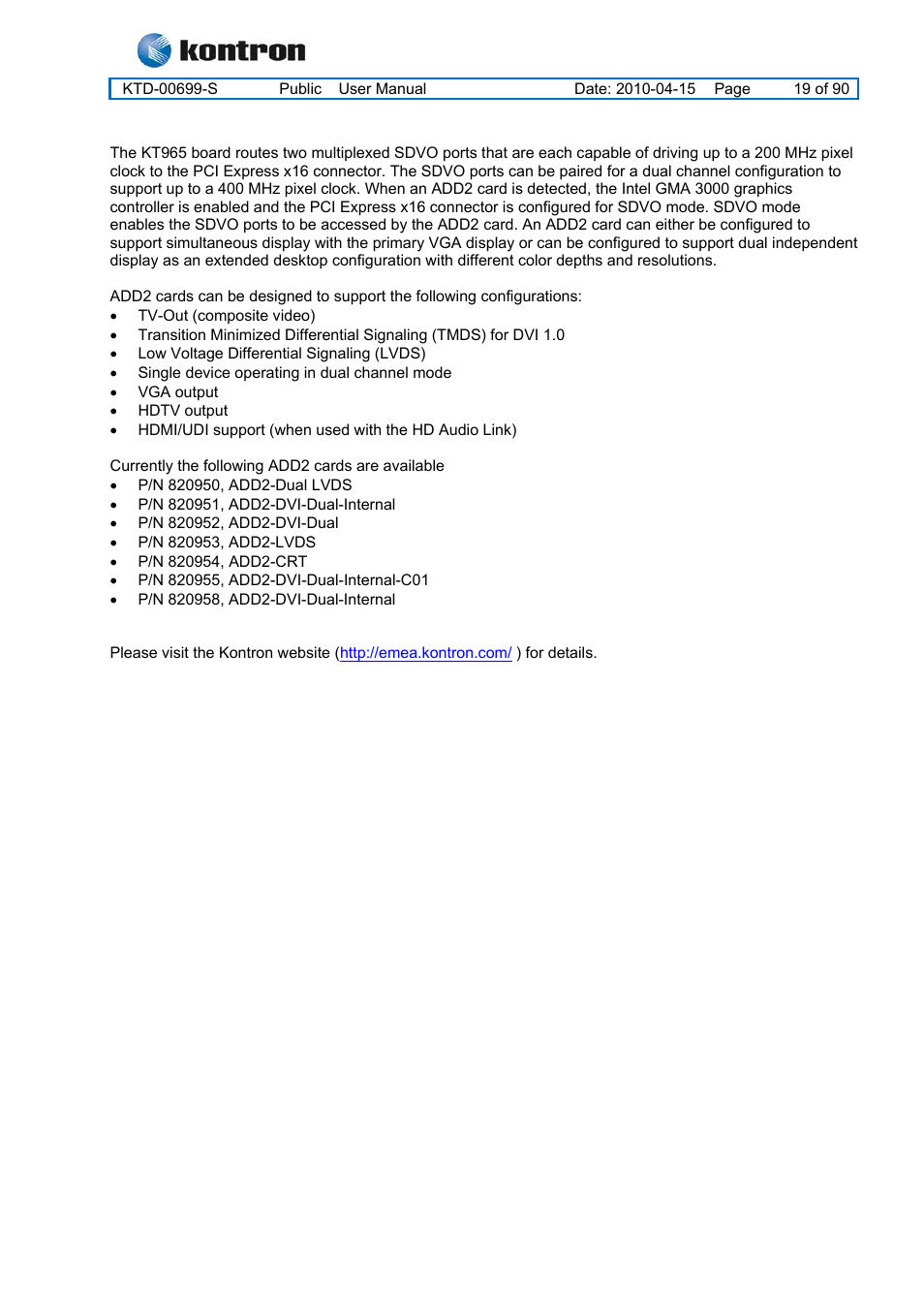 3 advanced digital display (add2) card support, Kt965 family | Kontron KT965 Series User Manual | Page 19 / 90