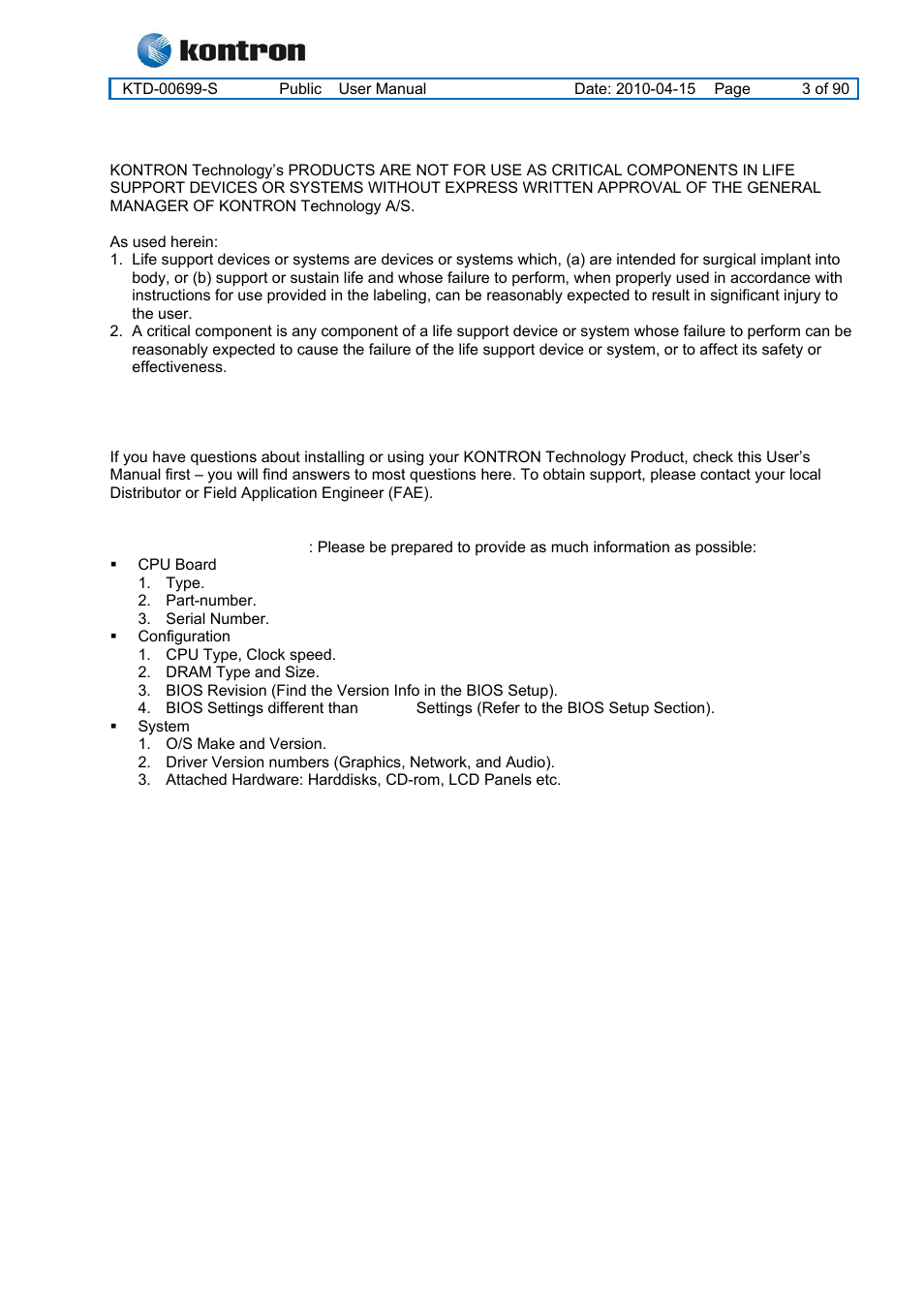 Kt965 family, Life support policy | Kontron KT965 Series User Manual | Page 3 / 90
