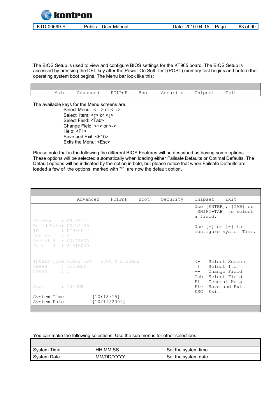 Bios configuration / setup, Kt965 family, Introduction | Main menu, Main menu selections | Kontron KT965 Series User Manual | Page 63 / 90