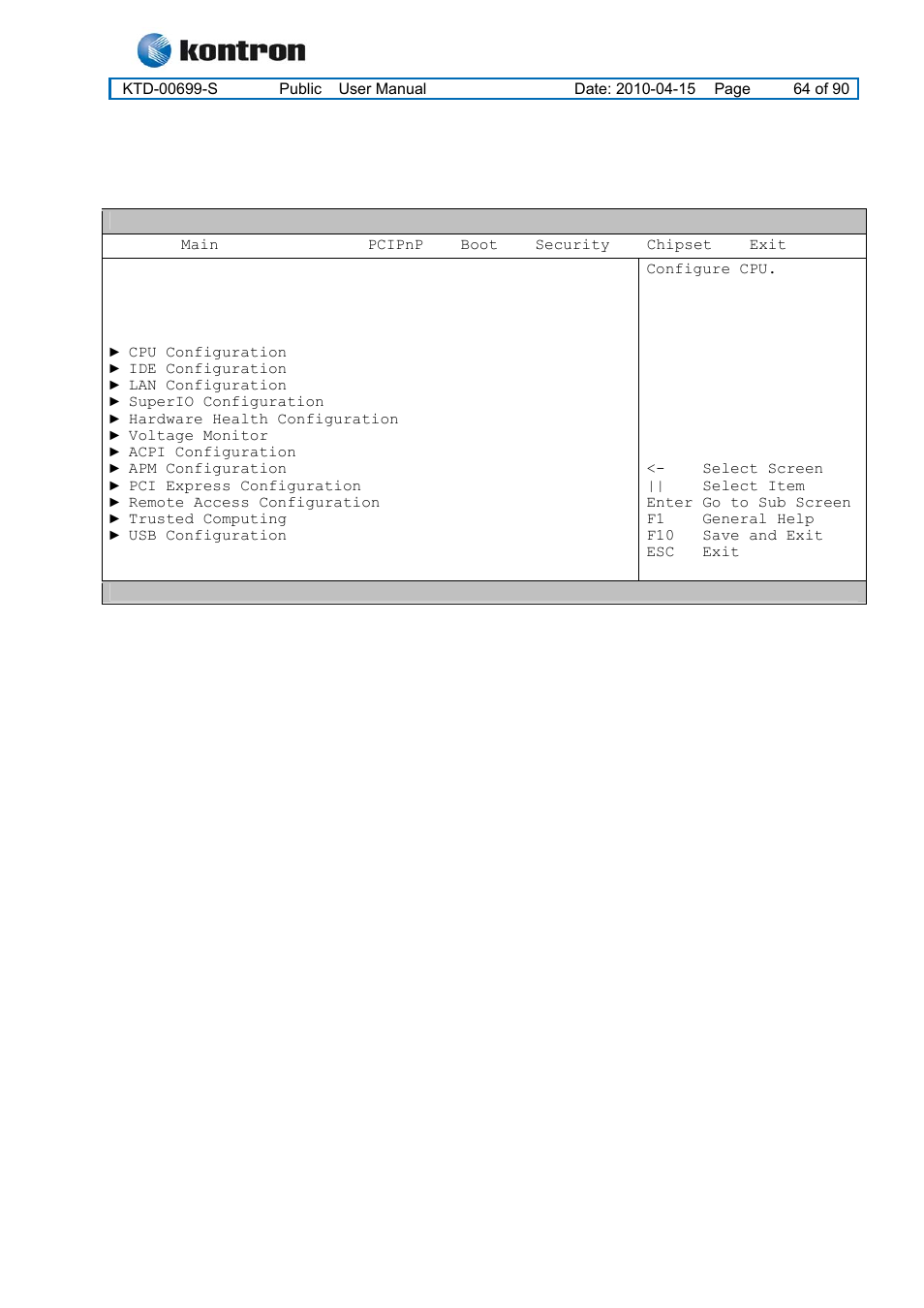 Kt965 family, Advanced menu | Kontron KT965 Series User Manual | Page 64 / 90