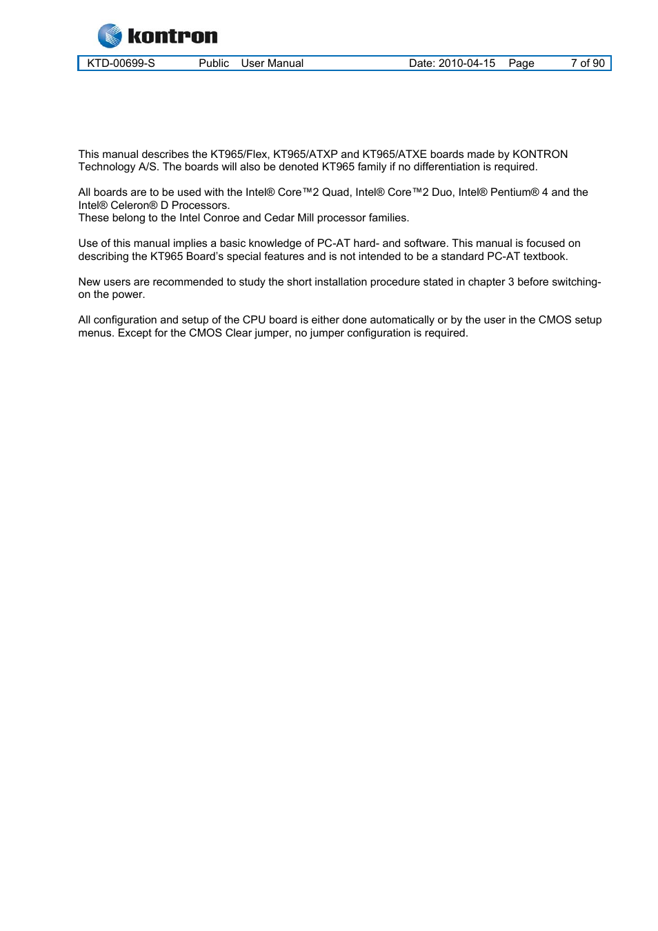 Introduction, Kt965 family | Kontron KT965 Series User Manual | Page 7 / 90