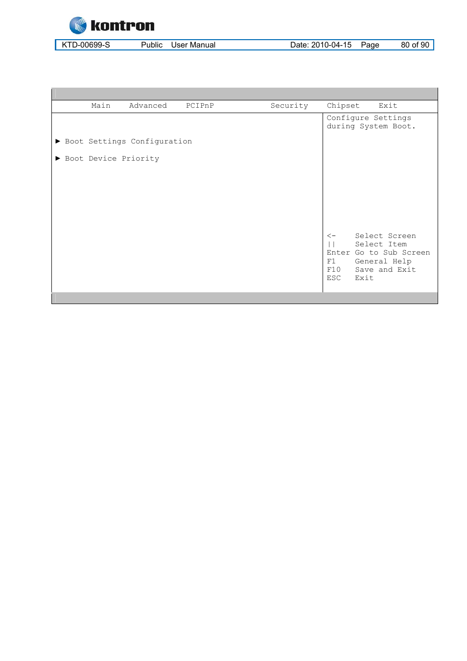 Kt965 family, Boot menu | Kontron KT965 Series User Manual | Page 80 / 90