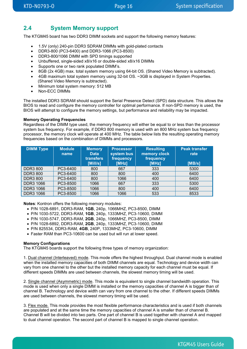4 system memory support, System memory support, System specification | Kontron KTGM45-mITX User Manual | Page 16 / 101