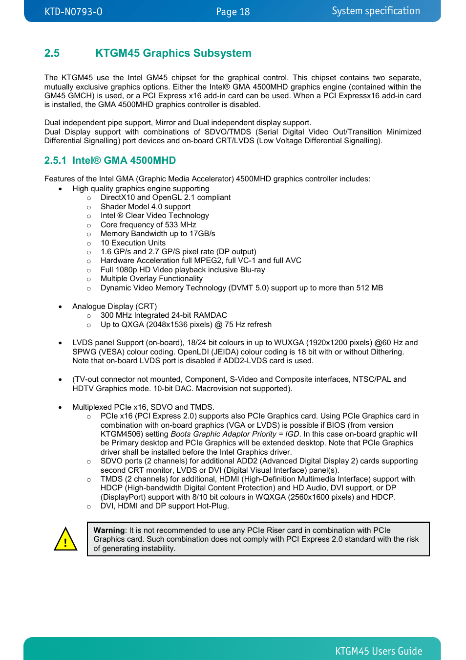 5 ktgm45 graphics subsystem, 1 intel® gma 4500mhd, Ktgm45 graphics subsystem | Intel® gma 4500mhd, System specification | Kontron KTGM45-mITX User Manual | Page 18 / 101