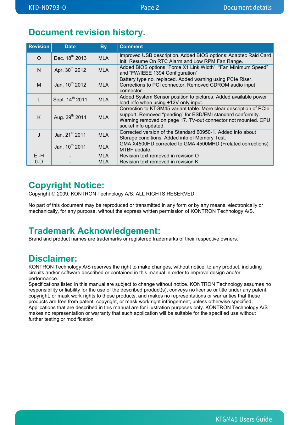 Document revision history, Copyright notice, Trademark acknowledgement | Disclaimer, Document details | Kontron KTGM45-mITX User Manual | Page 2 / 101