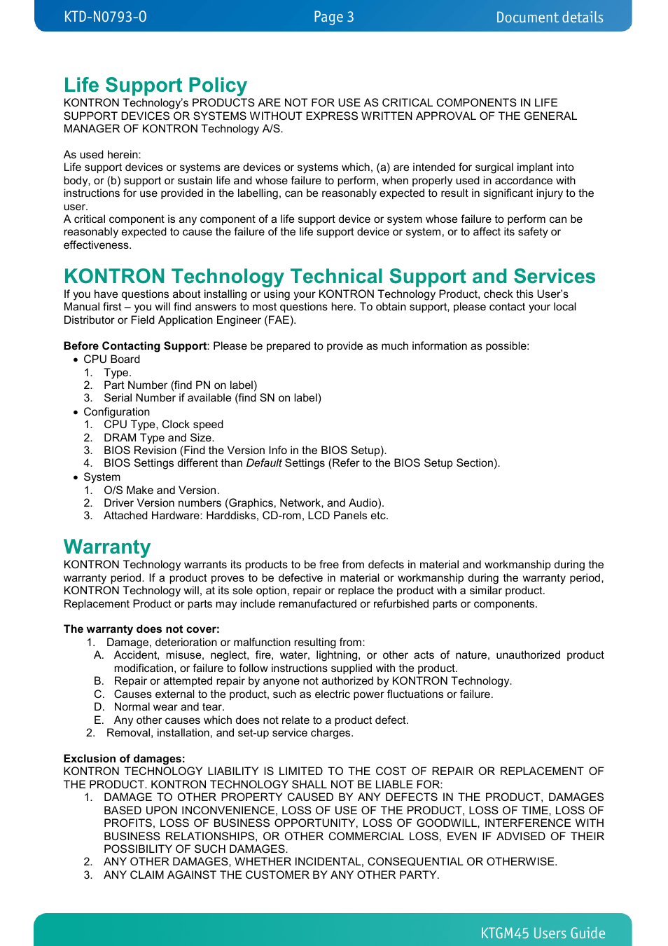 Life support policy, Kontron technology technical support and services, Warranty | Document details | Kontron KTGM45-mITX User Manual | Page 3 / 101