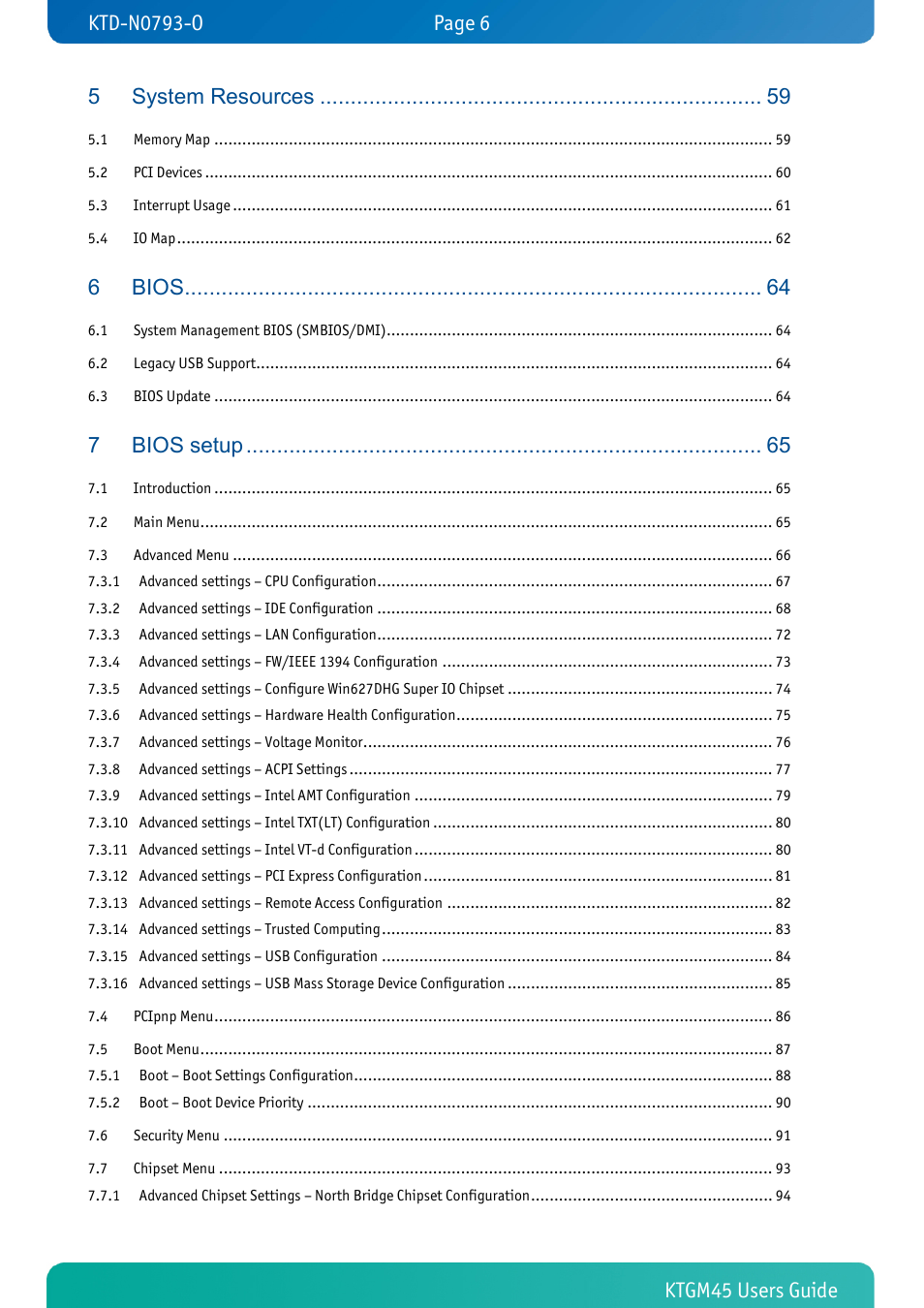 System resources, Bios, Bios setup | Kontron KTGM45-mITX User Manual | Page 6 / 101