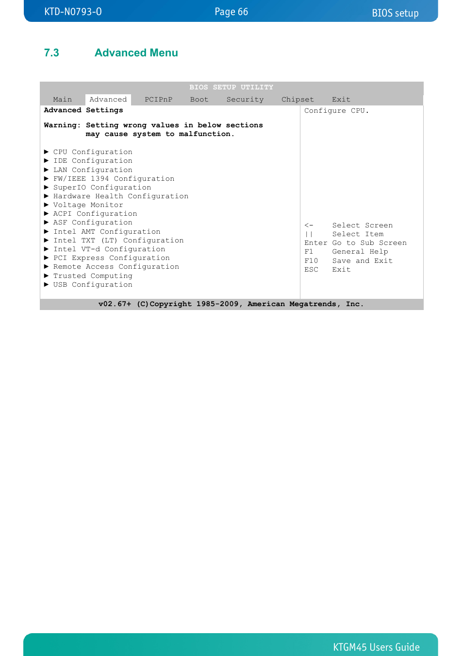 3 advanced menu, Advanced menu, Bios setup | Kontron KTGM45-mITX User Manual | Page 66 / 101