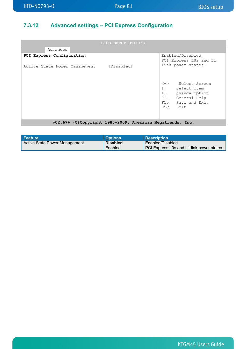 12 advanced settings – pci express configuration, Advanced settings – pci express configuration, Bios bios setup | Kontron KTGM45-mITX User Manual | Page 81 / 101