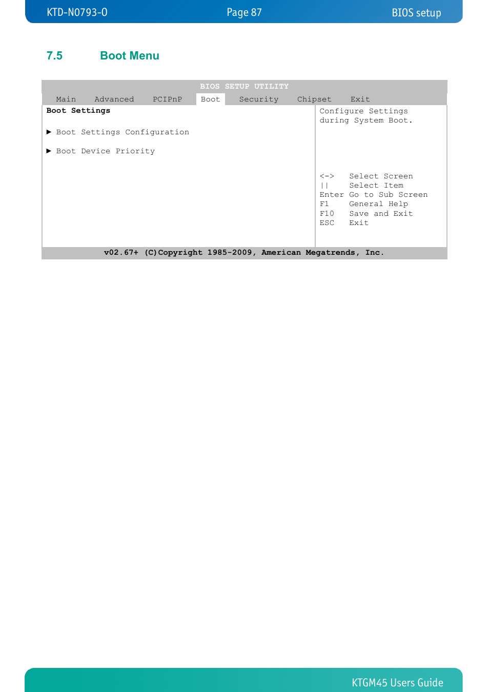 5 boot menu, Boot menu, Bios setup | Kontron KTGM45-mITX User Manual | Page 87 / 101