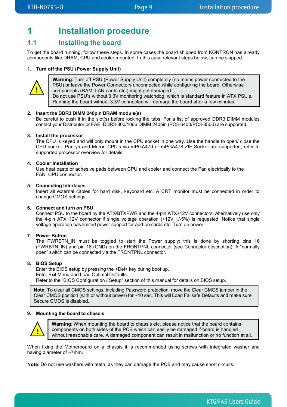 1 installation procedure, 1 installing the board, Installation procedure | Installing the board, 1installation procedure | Kontron KTGM45-mITX User Manual | Page 9 / 101