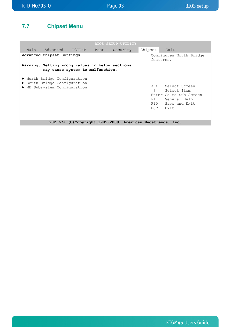 7 chipset menu, Chipset menu, Bios setup | Kontron KTGM45-mITX User Manual | Page 93 / 101