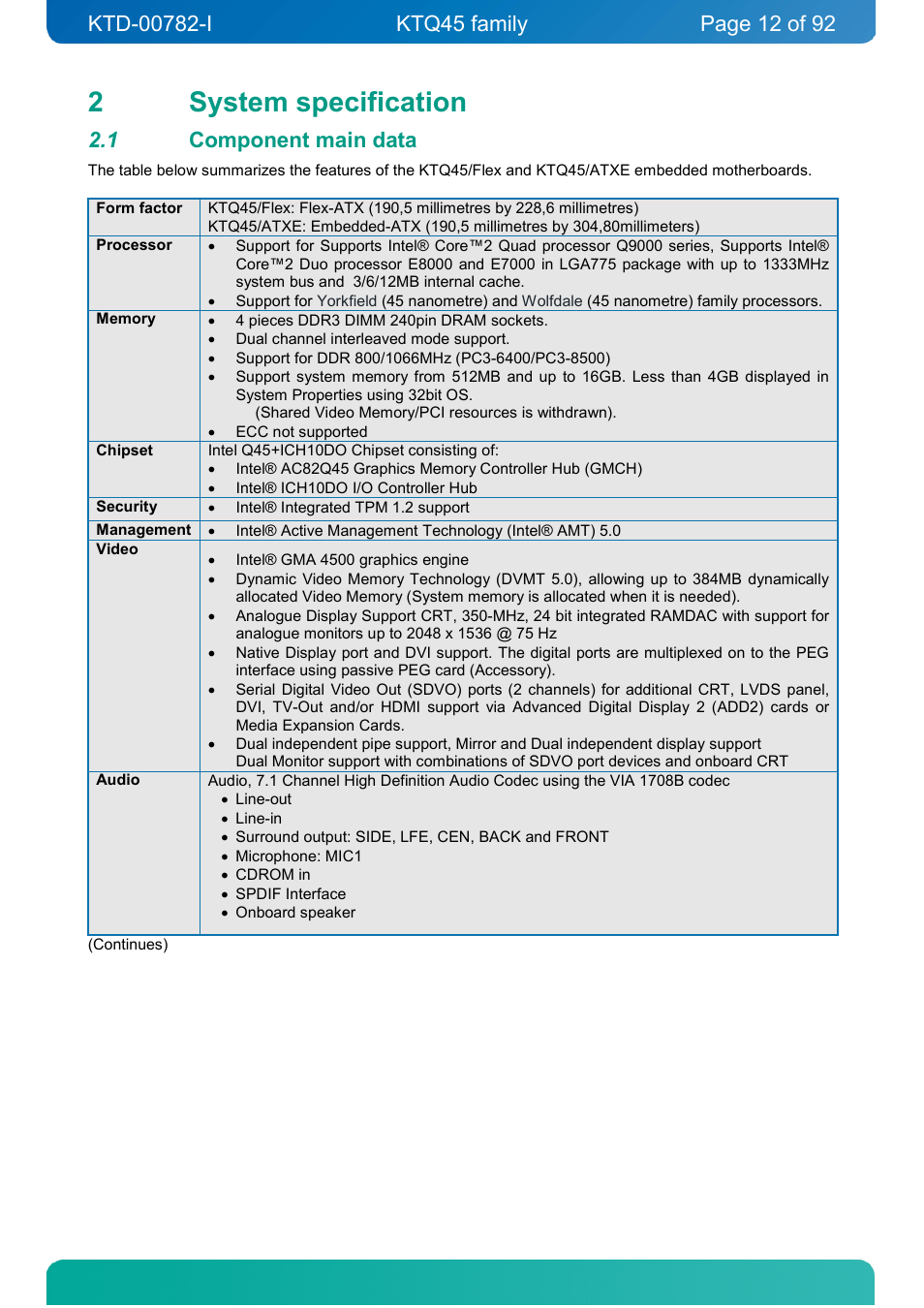2 system specification, 1 component main data, System specification | Component main data, 2system specification | Kontron KTQ45-FLEX User Manual | Page 12 / 92