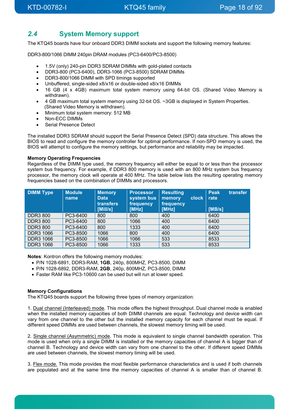 4 system memory support, System memory support | Kontron KTQ45-FLEX User Manual | Page 18 / 92