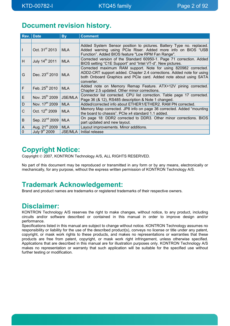 Document revision history, Copyright notice, Trademark acknowledgement | Disclaimer | Kontron KTQ45-FLEX User Manual | Page 2 / 92