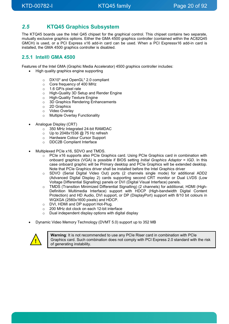 5 ktq45 graphics subsystem, 1 intel® gma 4500, Ktq45 graphics subsystem | Intel® gma 4500 | Kontron KTQ45-FLEX User Manual | Page 20 / 92