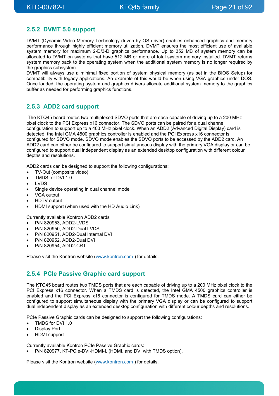 2 dvmt 5.0 support, 3 add2 card support, 4 pcie passive graphic card support | Dvmt 5.0 support, Add2 card support, Pcie passive graphic card support | Kontron KTQ45-FLEX User Manual | Page 21 / 92