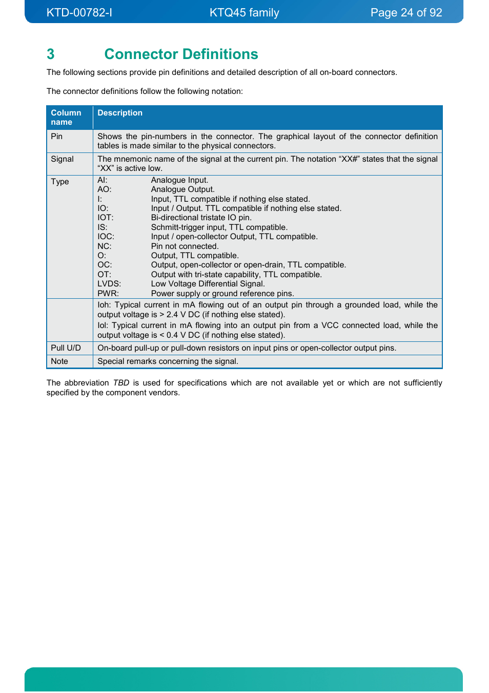 3 connector definitions, Connector definitions, 3connector definitions | Kontron KTQ45-FLEX User Manual | Page 24 / 92