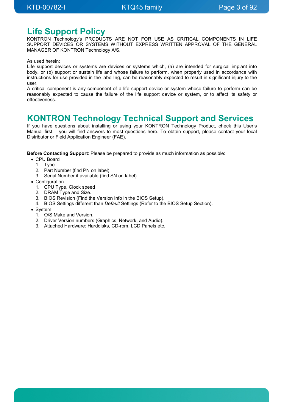 Life support policy, Kontron technology technical support and services | Kontron KTQ45-FLEX User Manual | Page 3 / 92