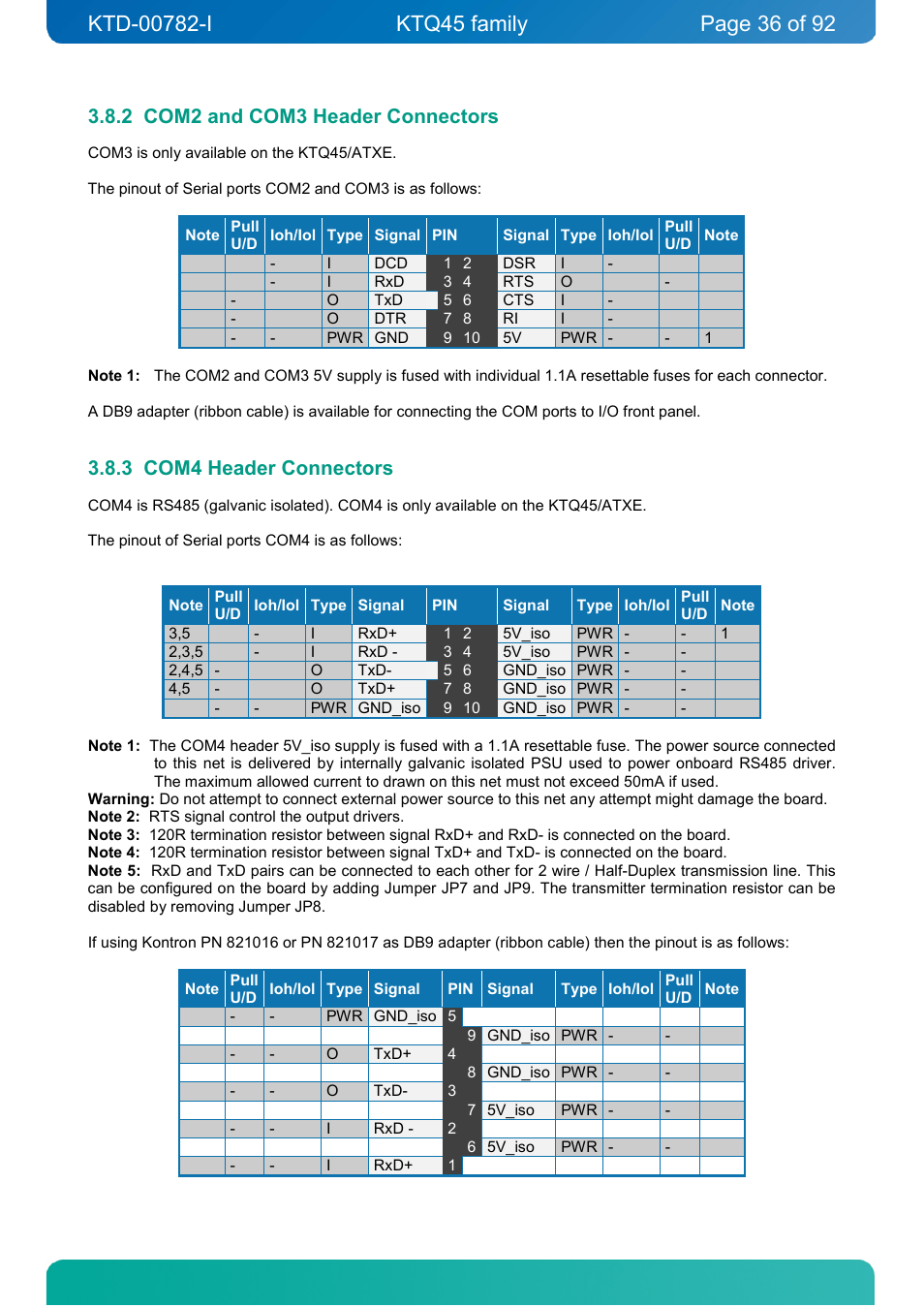 2 com2 and com3 header connectors, 3 com4 header connectors, Com2 and com3 header connectors | Com4 header connectors | Kontron KTQ45-FLEX User Manual | Page 36 / 92