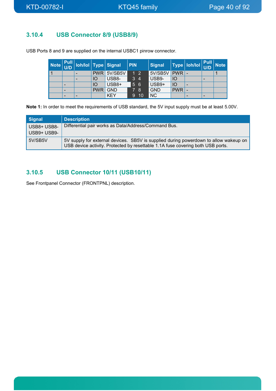 4 usb connector 8/9 (usb8/9), 5 usb connector 10/11 (usb10/11), Usb connector 8/9 (usb8/9) | Usb connector 10/11 (usb10/11) | Kontron KTQ45-FLEX User Manual | Page 40 / 92
