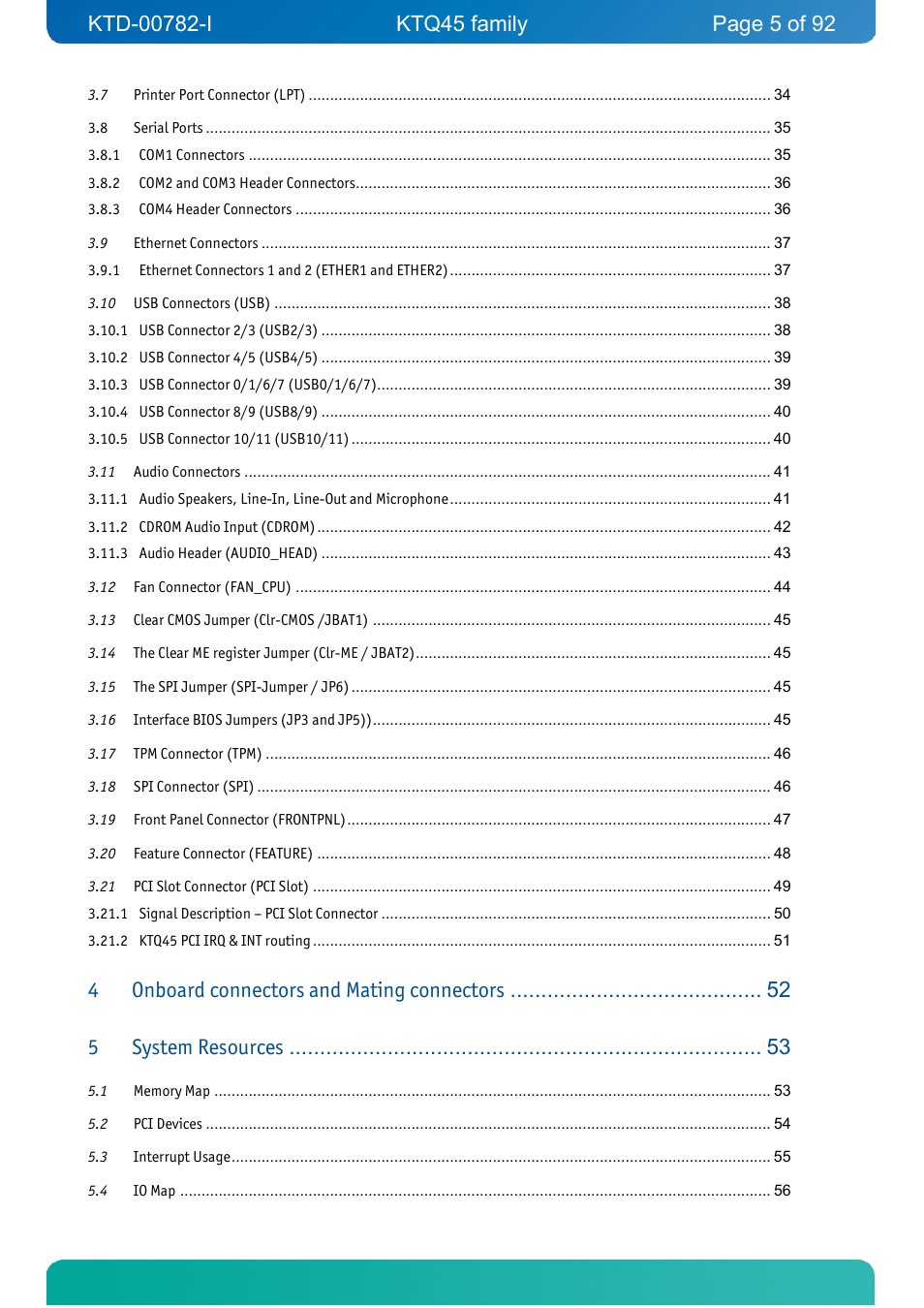 Onboard connectors and mating connectors, System resources | Kontron KTQ45-FLEX User Manual | Page 5 / 92