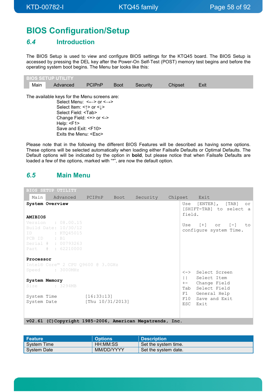 Bios configuration/setup, 4 introduction, 5 main menu | Introduction, Main menu | Kontron KTQ45-FLEX User Manual | Page 58 / 92