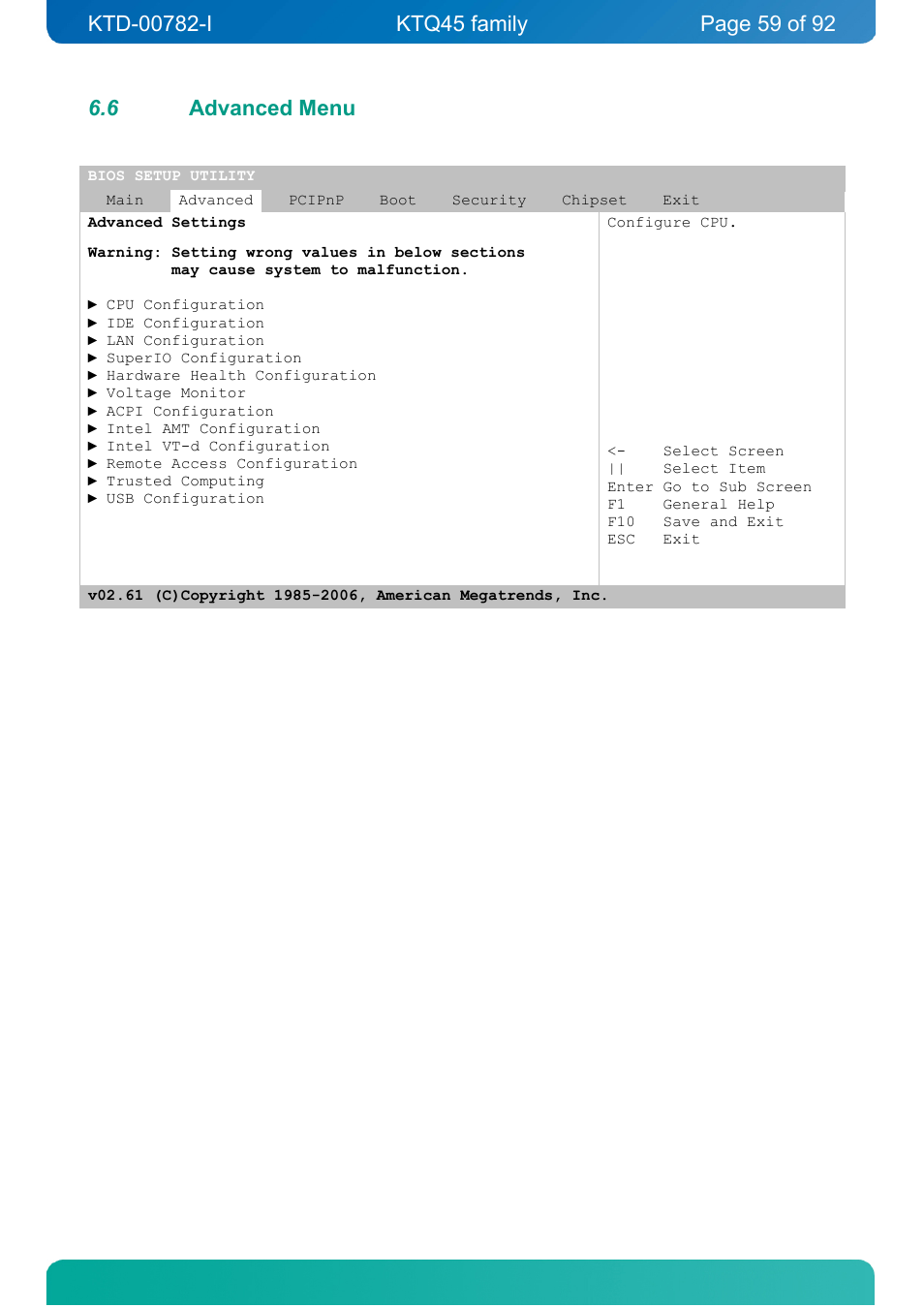 6 advanced menu, Advanced menu | Kontron KTQ45-FLEX User Manual | Page 59 / 92