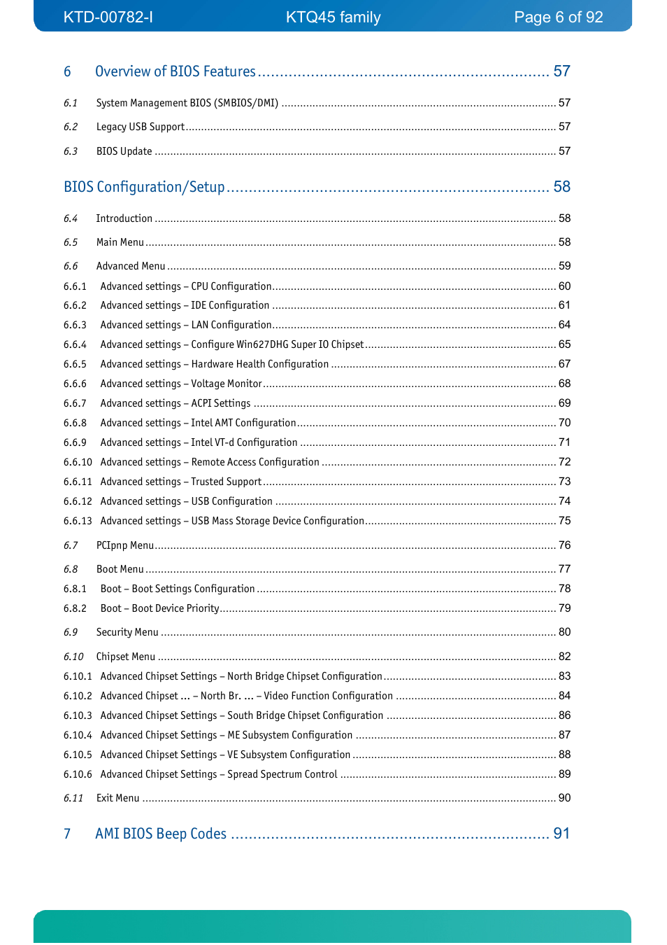 Overview of bios features, Bios configuration/setup, Ami bios beep codes | Kontron KTQ45-FLEX User Manual | Page 6 / 92