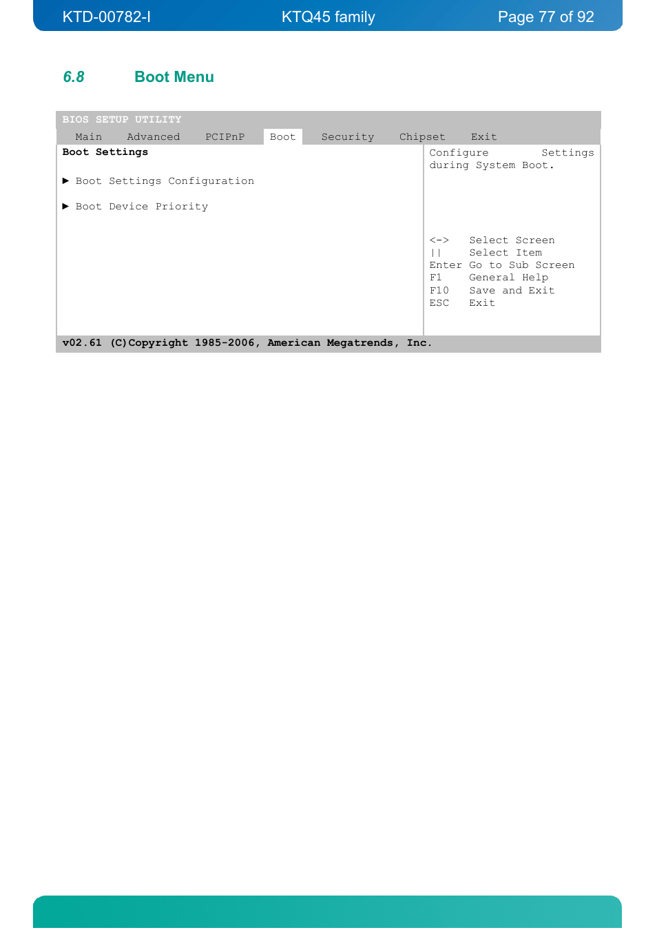 8 boot menu, Boot menu | Kontron KTQ45-FLEX User Manual | Page 77 / 92