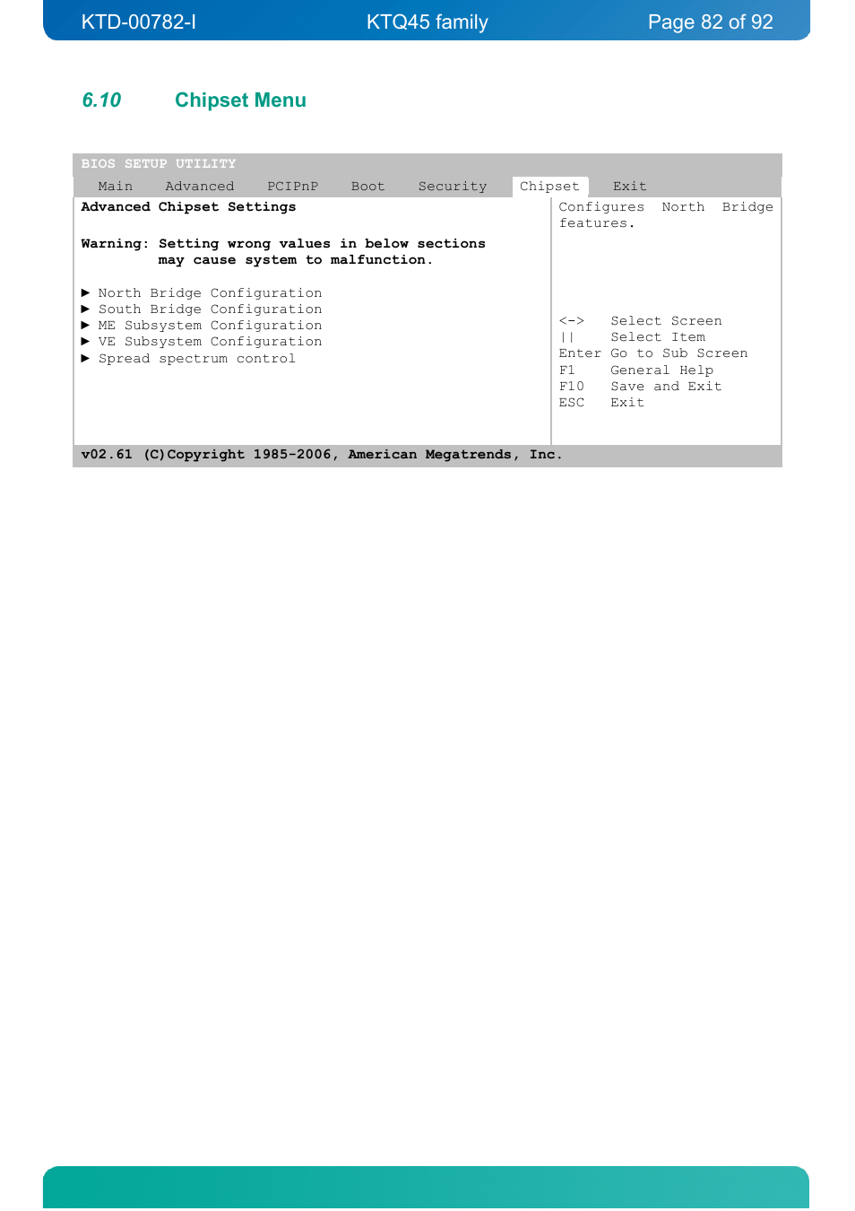 10 chipset menu, Chipset menu | Kontron KTQ45-FLEX User Manual | Page 82 / 92