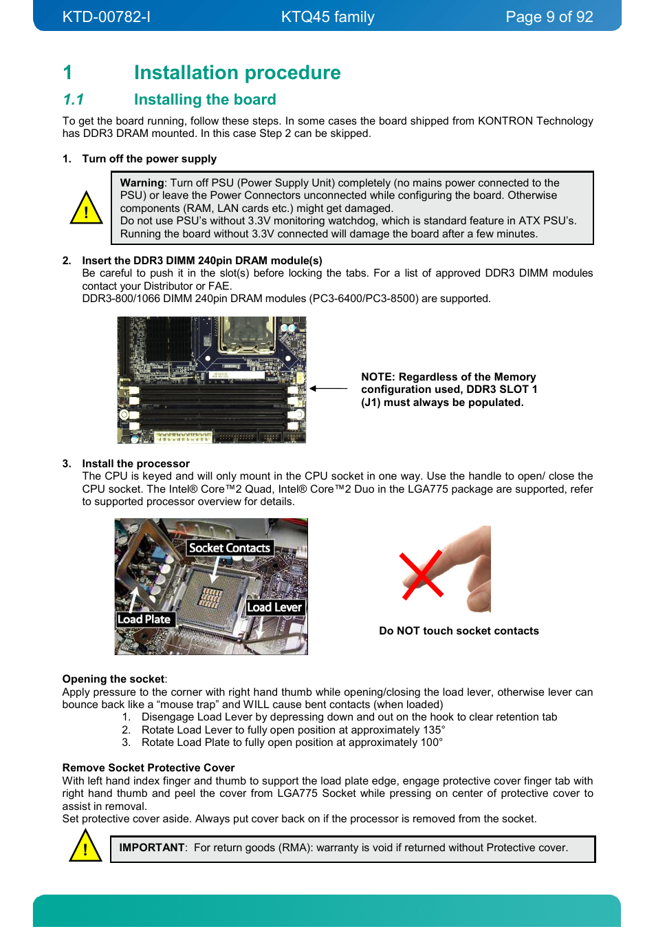 1 installation procedure, 1 installing the board, Installation procedure | Installing the board, 1installation procedure | Kontron KTQ45-FLEX User Manual | Page 9 / 92