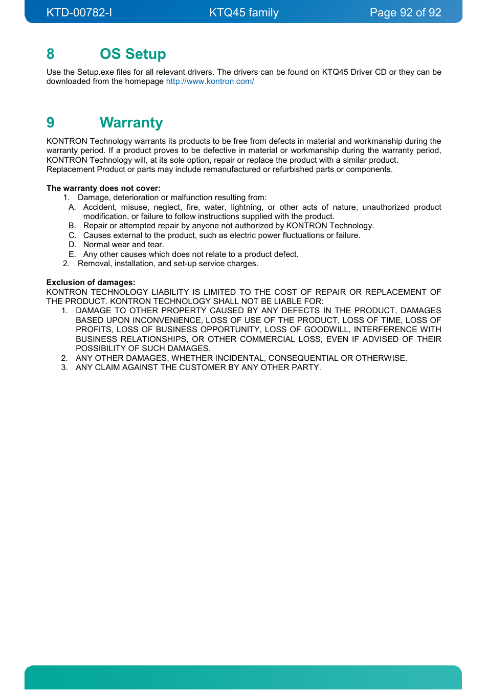 8 os setup, 9 warranty, Os setup | Warranty, 8os setup, 9warranty | Kontron KTQ45-FLEX User Manual | Page 92 / 92