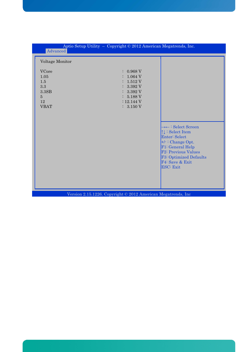 12 advanced - voltage monitor, Advanced - voltage monitor, Bios - advanced | Kontron KTQM67-mITX User Manual | Page 105 / 148