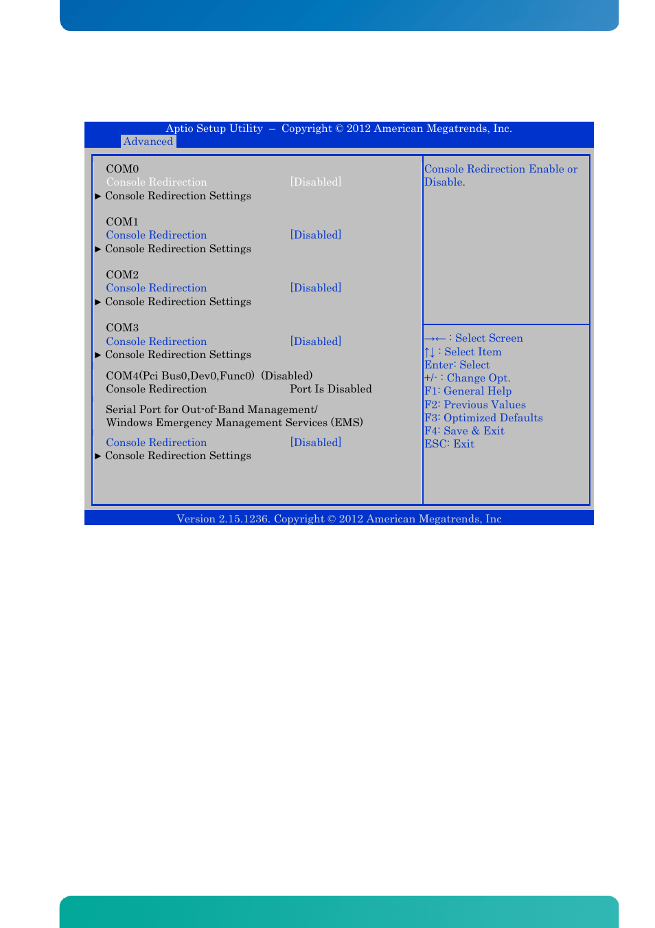 18 advanced - serial port console redirection, Advanced - serial port console redirection, Bios - advanced | Kontron KTQ67-FLEX User Manual | Page 102 / 137