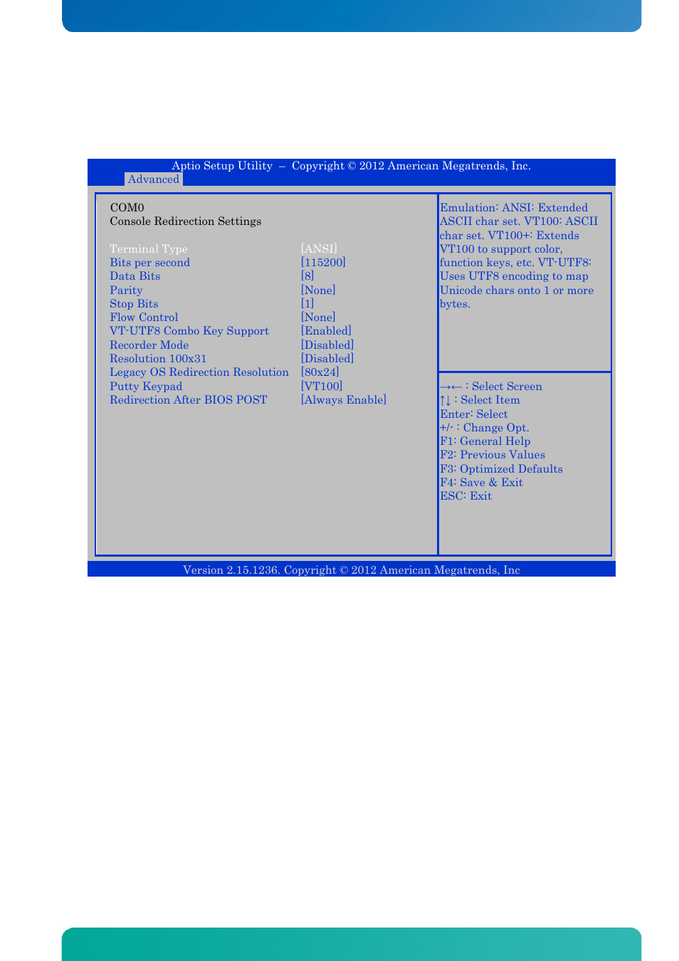 Console redirection settings, Bios - advanced | Kontron KTQ67-FLEX User Manual | Page 103 / 137