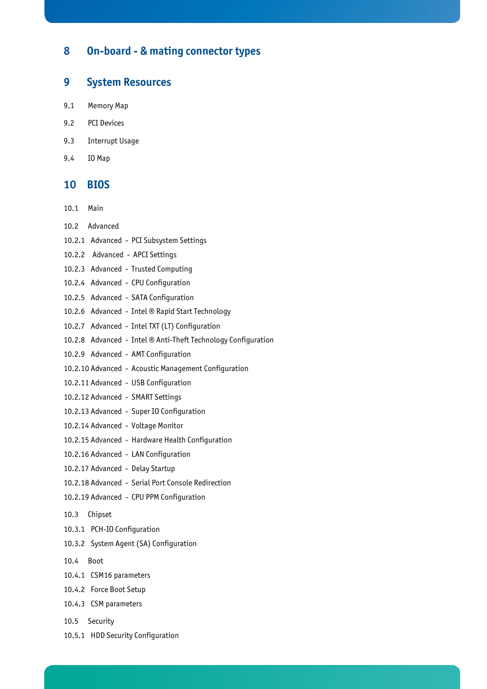 On-board - & mating connector types, System resources, Bios | Kontron KTQ67-FLEX User Manual | Page 6 / 137