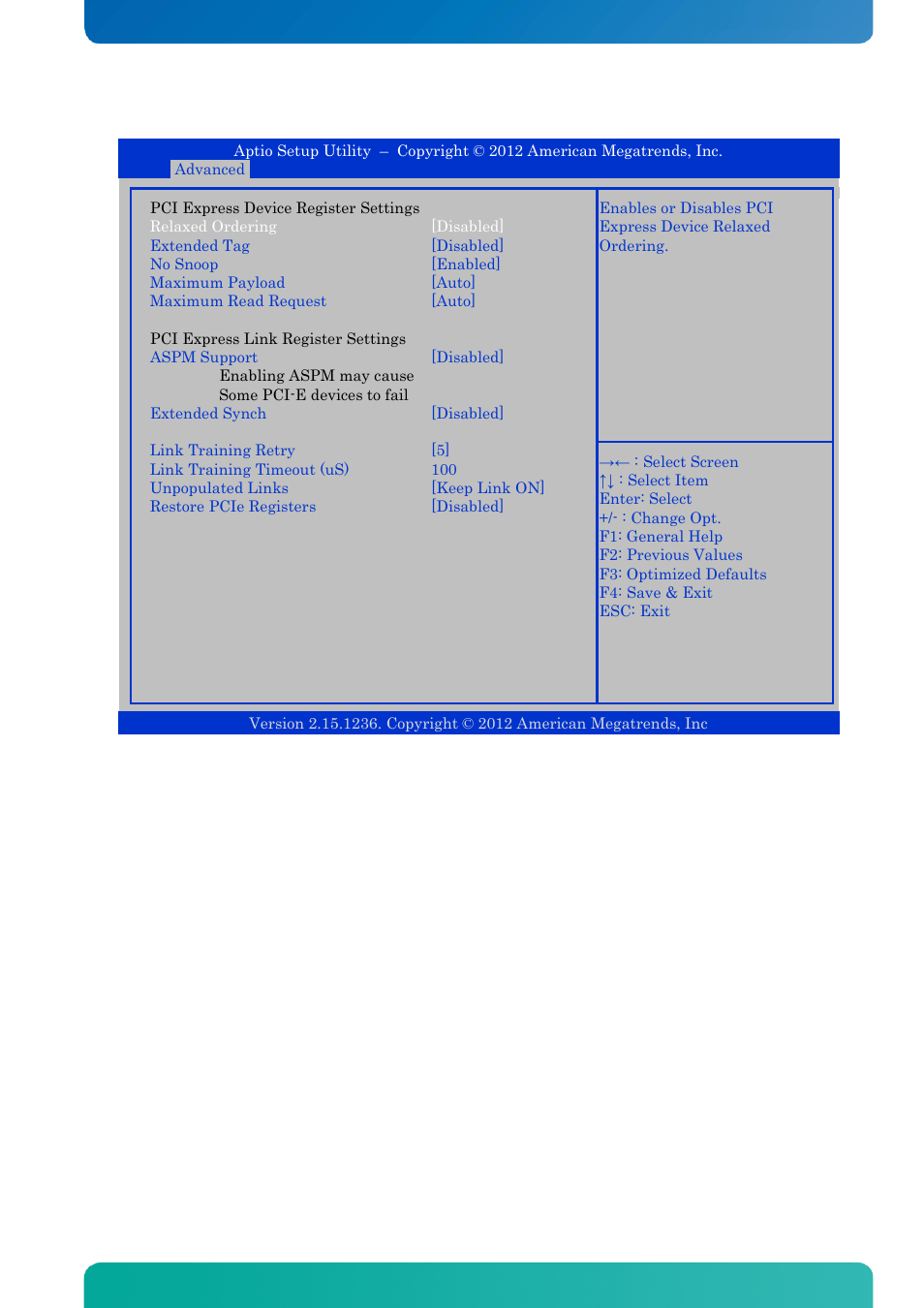 Pci express settings, Bios - advanced bios - advanced | Kontron KTQ67-FLEX User Manual | Page 71 / 137