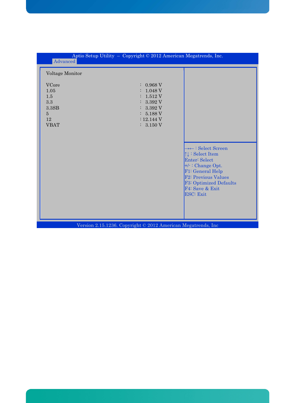 14 advanced - voltage monitor, Advanced - voltage monitor, Bios - advanced | Kontron KTQ67-FLEX User Manual | Page 96 / 137