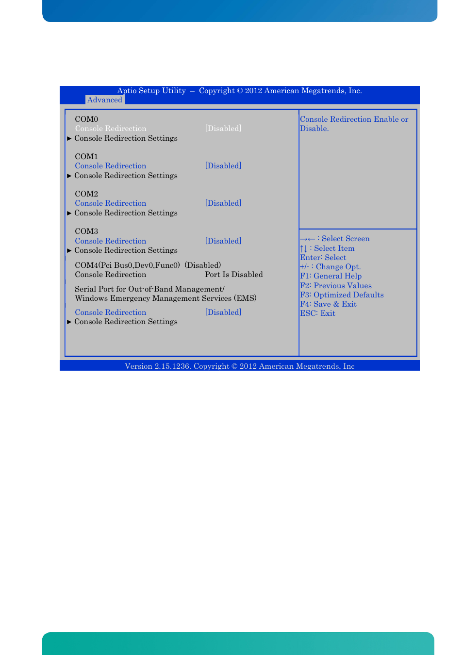 18 advanced - serial port console redirection, Advanced - serial port console redirection, Bios - advanced | Kontron KTQ77-FLEX User Manual | Page 102 / 141