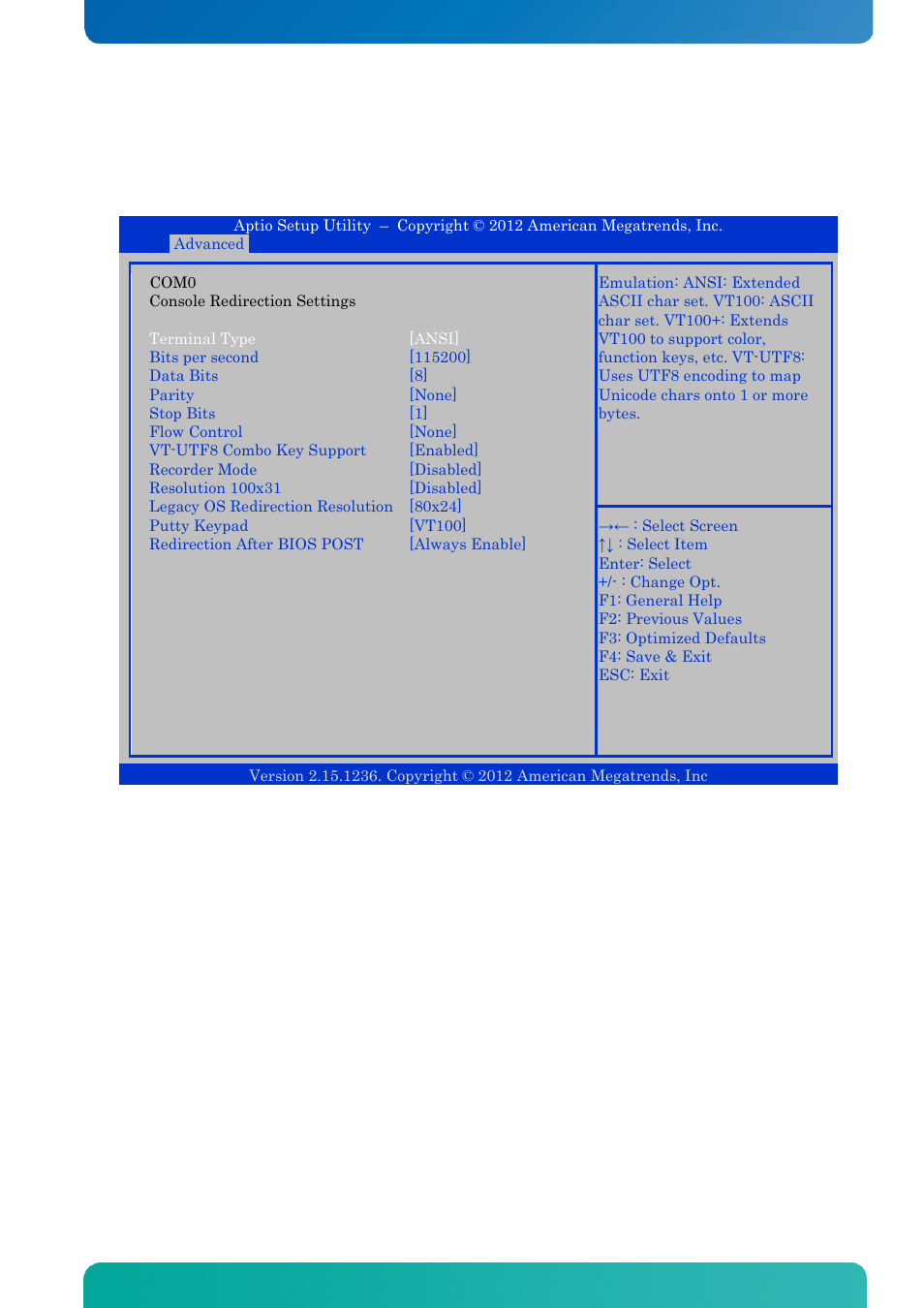 Console redirection settings, Bios - advanced | Kontron KTQ77-FLEX User Manual | Page 103 / 141