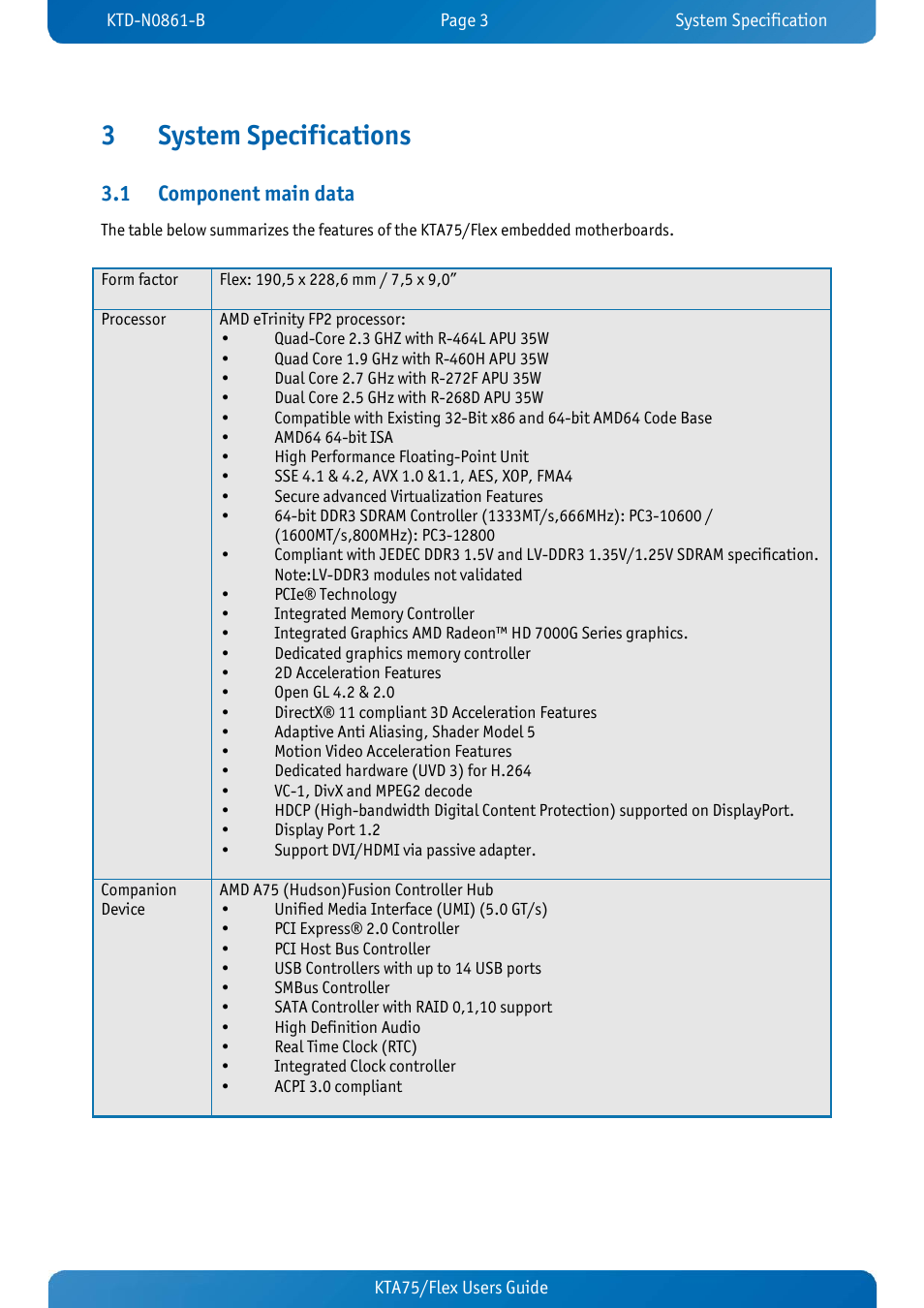3 system specifications, 1 component main data, System specifications | Component main data, 3system specifications | Kontron KTA75-FLEX User Manual | Page 11 / 90