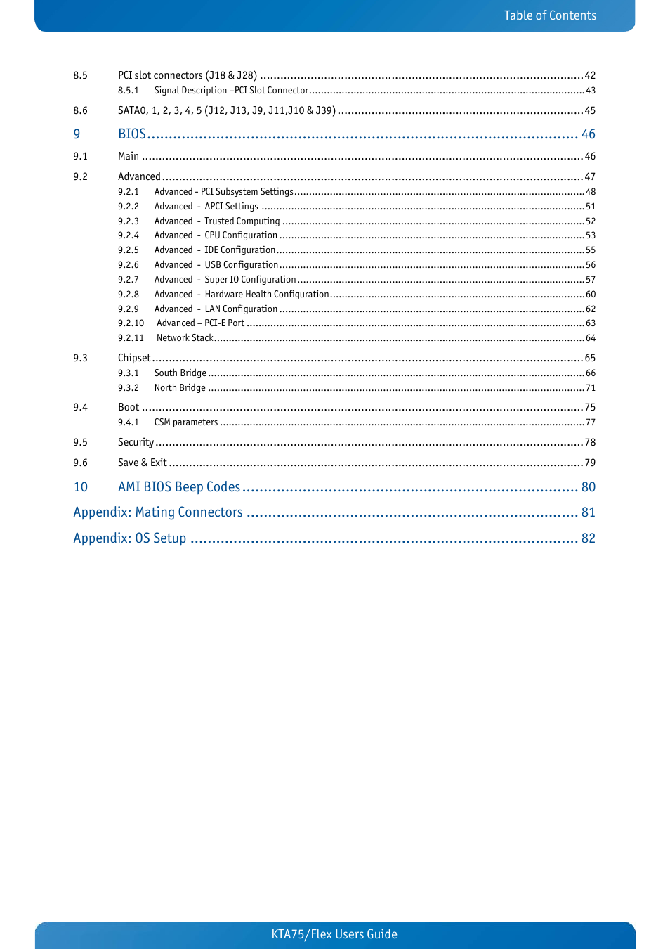 Bios, Ami bios beep codes, Appendix: mating connectors | Appendix: os setup | Kontron KTA75-FLEX User Manual | Page 3 / 90